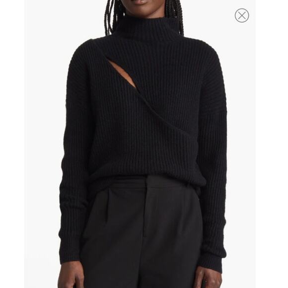 Nordstrom New Open Edit Front Cut Out Ribbed Sweater Mock Neck Black Size Small - Picture 1 of 10